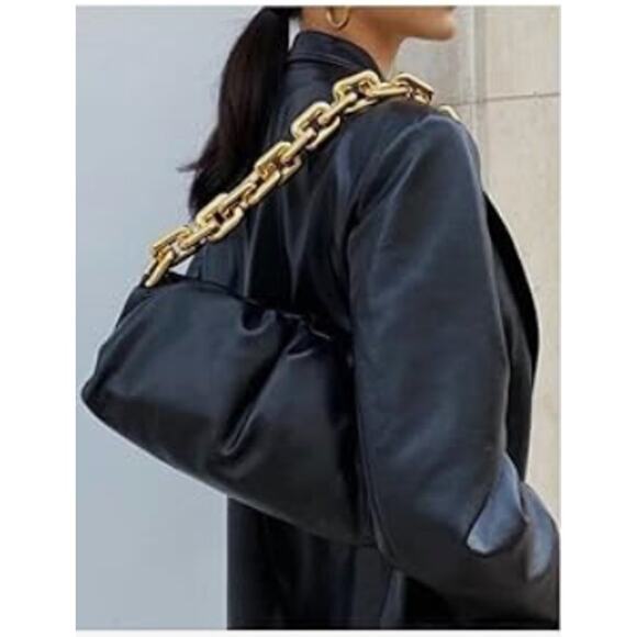 Boutique Black Puff Vegan Leather Shoulder Bag With Gold Chain Strap - Picture 1 of 12